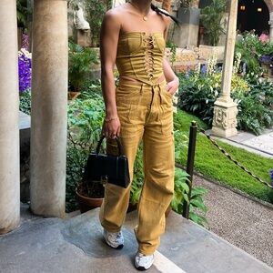 Lioness Mustard Lace-Up Wide Leg Cargo Pants Set